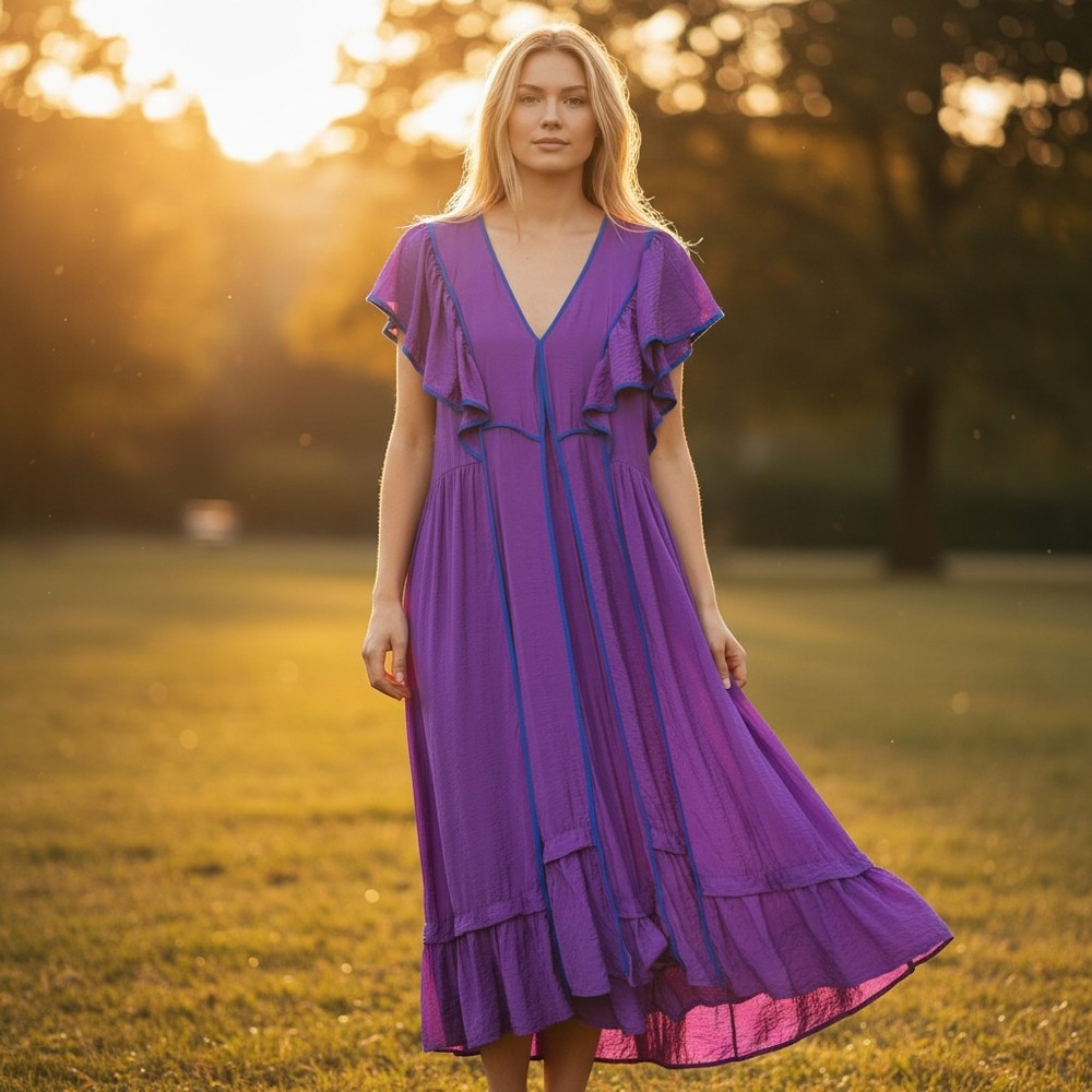 Anthropologie Mimi Flutter Sleeve Dress Violet 1X Boho Romantic Feminine